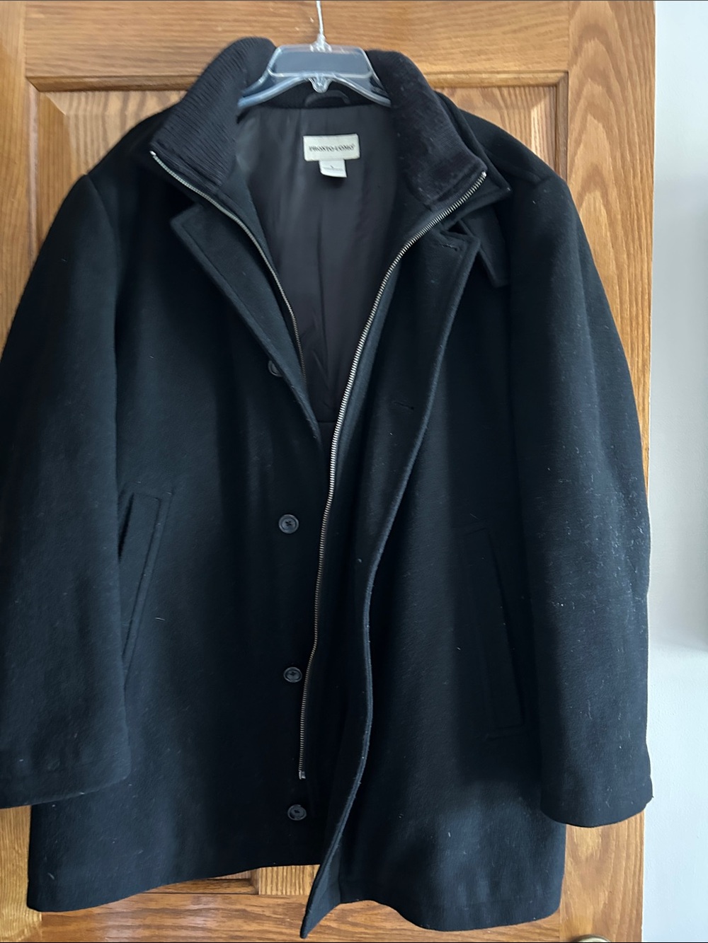 Pronto Uomo Black Wool Blend Peacoat with Zip-Front